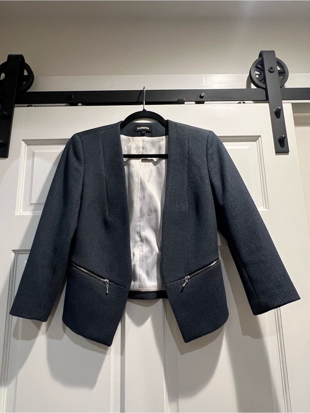 Express Blue Textured Open-Front Blazer with Zip Pockets